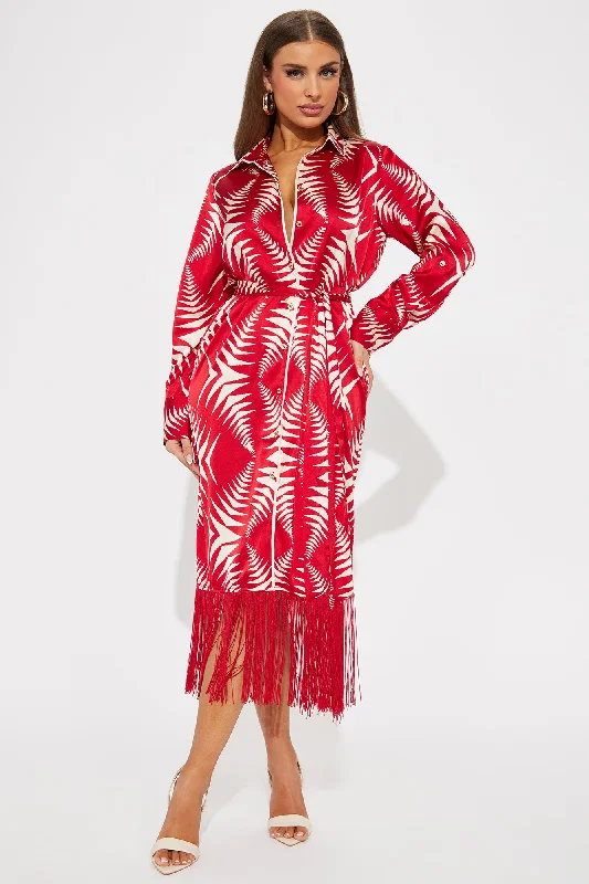 Fringe Finesse Satin Midi Dress - Red/White