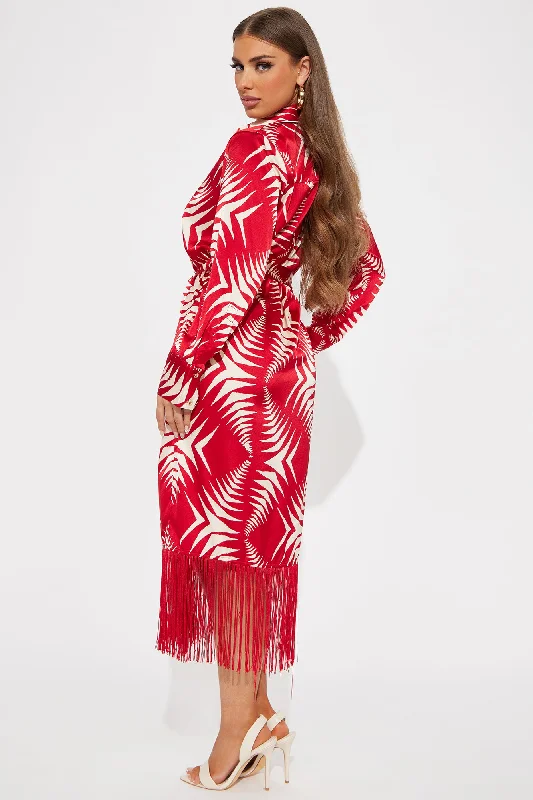 Fringe Finesse Satin Midi Dress - Red/White