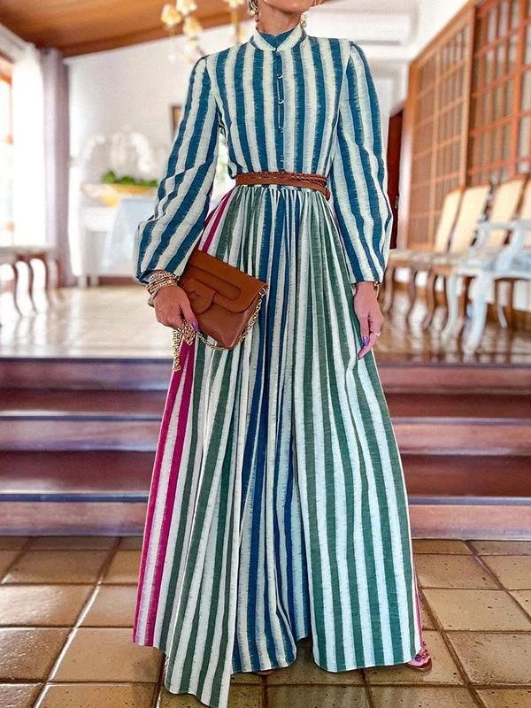 Elegant Stand-up Collar Striped Long Dress for Women