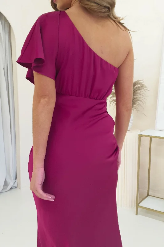 Jenna Soft Satin One Shoulder Maxi | Plum