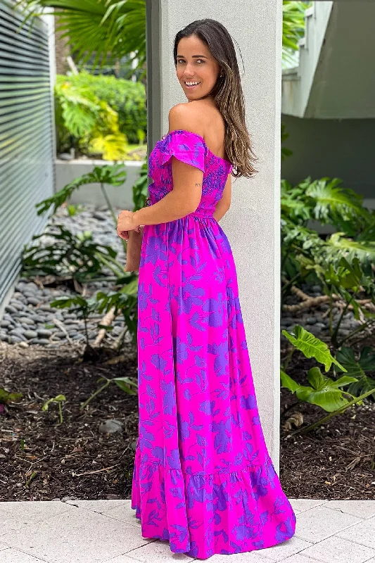 Magenta Printed Off Shoulder Maxi Dress