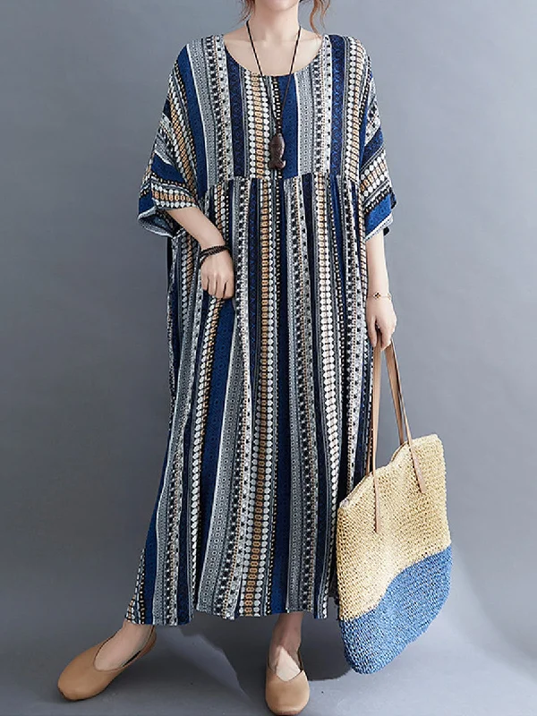 Vintage Stripe Loose Short Sleeve Maxi Dress