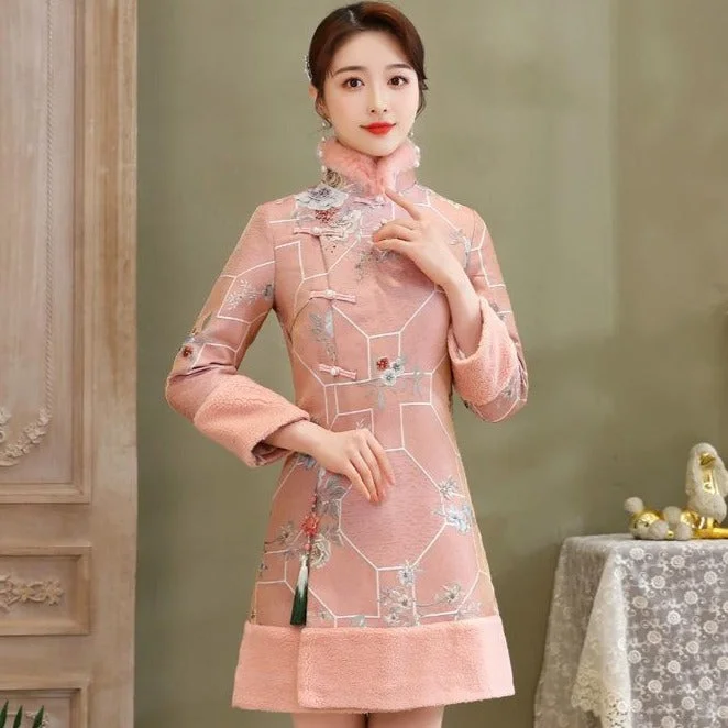 Floral Brocade Fur Edge A-line Cheongsam Wadded Chinese Dress