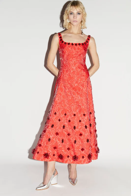 KIMBERLY DRESS RED EMBROIDERED JACQUARD