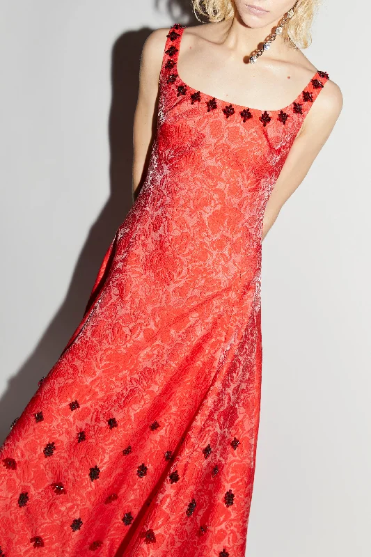 KIMBERLY DRESS RED EMBROIDERED JACQUARD