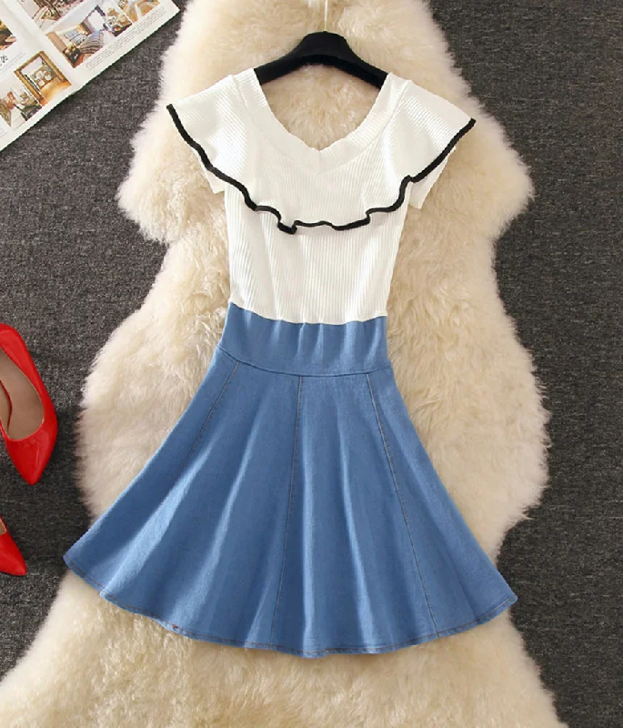 Cute v neck denim stitching dress summer dress  1251