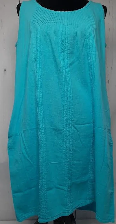 Dress-Short-Sleeveless With Pleats-2 Pockets-Turquoise-Women's-S1202