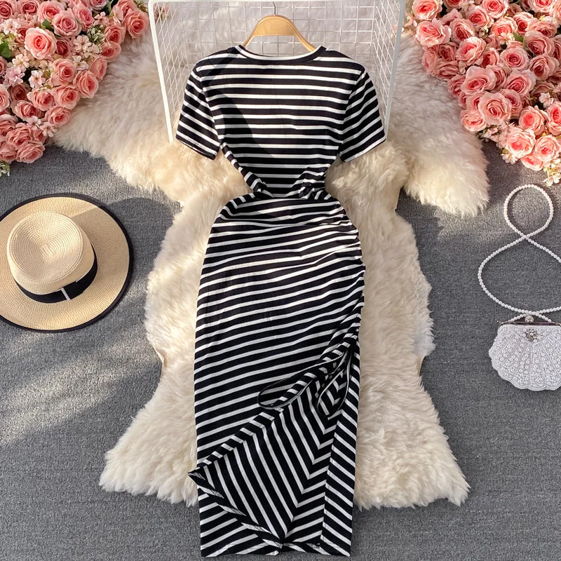 Slim waist casual side drawstring extra long over-the-knee slit striped T-shirt dress  557